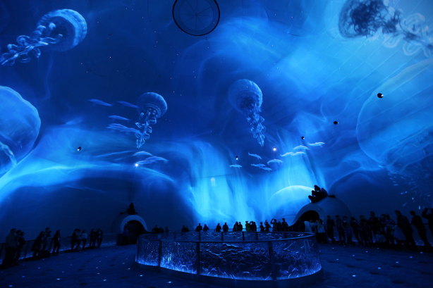 新濠天地正门入口是虚拟水族馆,通过虚拟技术,在幕布上展示各类海洋